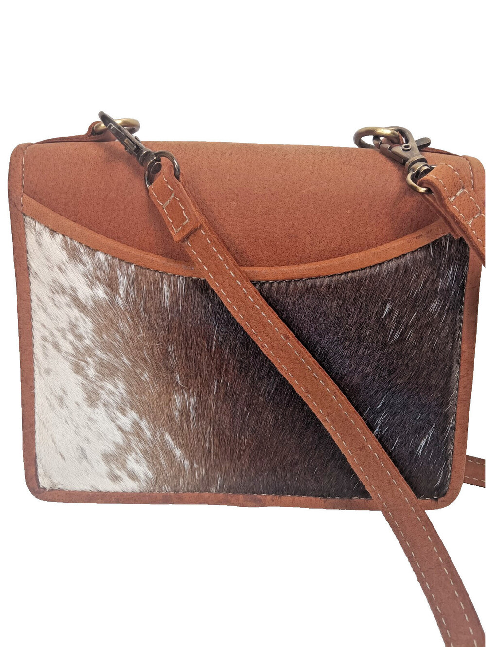Myra Bag Cheering Small Leather & Cowhide Hair-On Crossbody Bag Solid Brass Hard